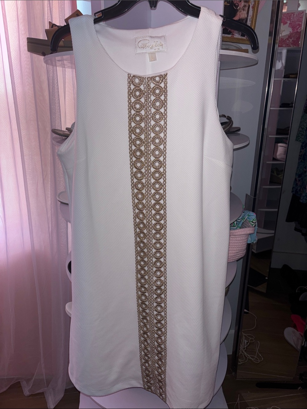 Sleeveless White Mini Dress with Gold Center Embellishment